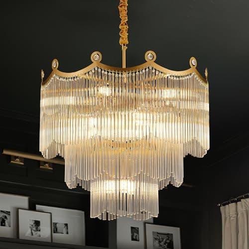 brfaixla 23.1" Modern Glass Gold Chandelier Light Fixture Luxury Glam 3-Tier Crystal Chandeliers for Dining Room 13-Light Round Hanging Ceiling Pendant Lighting for Living Room Bedroom Entrance Foyer