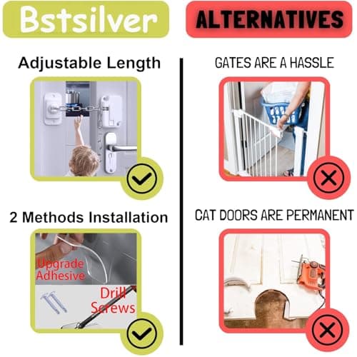 Bstsilver Child Proof Door Lock with Adjustable Strap, Cat Door Latch Holder, Keep Dog Out of Litter Box, Window Security Lock Babyproofing, Cabinet Chain Safety Lock for Toddler Dementia Pet, 2 Pack - Thumbnail 5