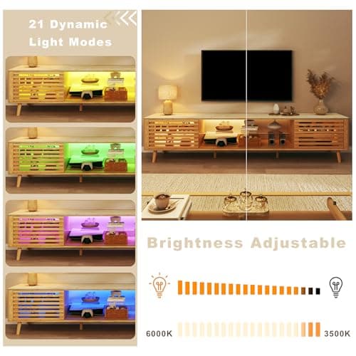 HUAHUU 70" TV Stand for 55/65/75 Inch TV, Faux Marble Top Entertainment Center with Slatied Sliding Door & LED Lights, Mid Century Modern Style, Low TV Console with Glass Shelves for Bedroom - Thumbnail 6