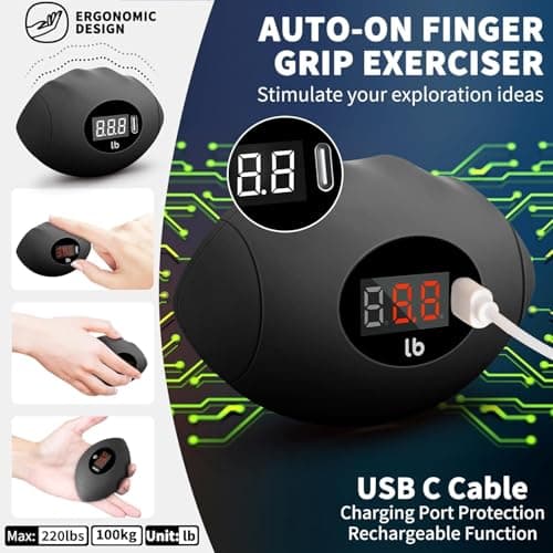 DIOTUSS Hand Grip Strengthener, Rechargeable Digital Grip Strength Trainer up 220.4 Lbs(100kg) Hand Grip Exerciser Equipment for Strength Training-Forearm-Gripper-Finger, Stress Balls for Adults/Kids (Black) - Thumbnail 2