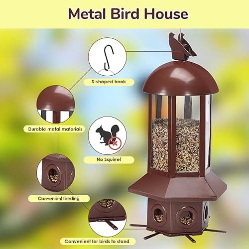 Professional Squirrel Proof Bird Feeders - Sorflife Large Capacity 5.06 lbs, Reliable and Rust Resistant Metal Bird Feeding Station for Prevents Squirrels from Stealing Food and Easy Refilling Brown - Thumbnail 2