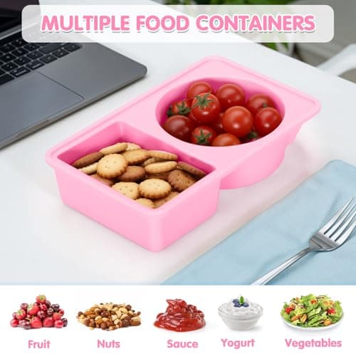 Dalycro Silicone Snack Containers with Lids – Reusable Snack Containers with Double Compartments for Adults Mini Silicone Food Box Perfect for Travel Lunch Gym (Pink) - Thumbnail 4