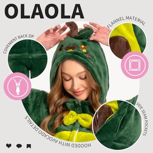 OLAOLA Adult Unisex Onesie, Flannel Avocado Pajamas, One Piece Sleepwear Cosplay Party Costume - Thumbnail 6