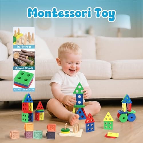 LearnToy Baby Toys 18-36 Months, Montessori 7-in-1 Activity Set - Stacking Blocks, Infant Teething Toy & Sensory Bin, Baby Boys & Girls Gifts - Thumbnail 4