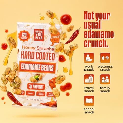 Where You Bean Hard Coated Edamame Beans Snack (Honey Sriracha) - Crunchy and Roasted Edamame Beans Snack - Vegan, Plant Based Protein, Keto Friendly & Healthy Snacks for Adults 0.9 oz (Pack of 8) - Thumbnail 6