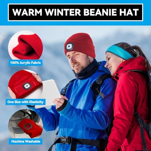 FFIPBGE Beanie Hats with Light, USB Rechargeable LED Hand Free Headlamp, Ideal for Camping, Hiking, Mens Gifts, Birthday Gifts for Men, Women, Dad, Him, Husband, Adventurer, 1 Pack, Red - Thumbnail 4