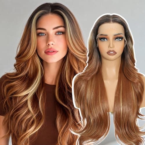 Sotpmal 13x4 HD Lace Front Wigs for Women, Ombre Brown Highlight Long Layered Wavy Glueless Synthetic Wig, Natural Hairline Premium Heat Resistant, Throw and Go Beginner Friendly Daily Wear 26 Inch - Image 1