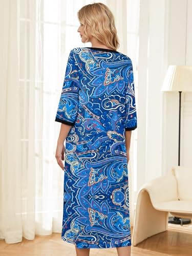 PITINAN House Dresses For Women With Pockets Zipper Front Robes Summer Robe Dusters For Women Plus Size Bathrobe for Womens House Coat Mom Gifts Blue Paisley XL - Thumbnail 3