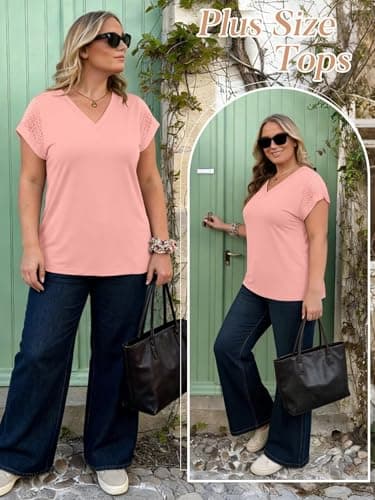 Bliwov Womens Summer Tops V Neck Lace Short Sleeve T Shirts Dressy Casual Business Outfits 2026 Spring Fashion Tee Clothes Light Pink - Thumbnail 2