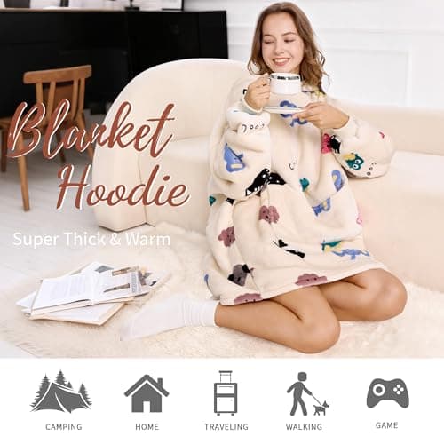Aemilas Wearable Blanket Hoodie Gifts for Women and Men, Comfy Sherpa Hoodies Blankets Sweatshirt for Adult Teens Girls & Boys with Big Pocket, Cartoon Animal Print - Thumbnail 6