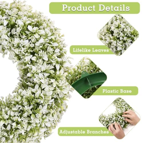 U'Artlines 20 Inch Boxwood Wreaths for Front Door, Spring Summer Wreath with White Flowers, Large Faux Greenery Wreath for Wall Window Porch All Seasons Outdoor Decor - Thumbnail 4