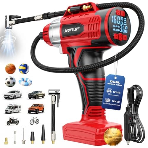 160PSI Cordless Tire Inflator Portable Air Compressor Compatible with Milwaukee 18V Battery, LIVOWALNY 12Ft Cord-12V DC-Powered Air Pump with Digital Pressure Gauge, Auto Shut-Off for Car (Tool Only) - Image 1