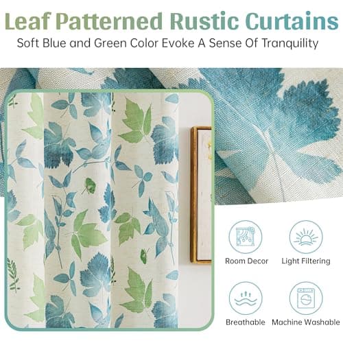 Blue Country Curtains 63 Inches Long for Living Room Light Filtering- 2 Panel Floral Leaves Patterned Semi Sheer Curtains for Farmhouse Bedroom Dining Room, 52 x 63 inch, Green and Light Blue Printed - Thumbnail 6
