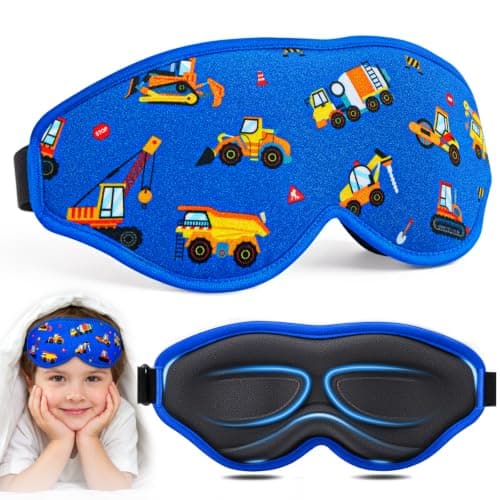 BeeVines Kids Sleep Mask, 3D Contoured Memory Foam Cushioned Sleeping Eye Mask, Adjustable Strap, Pressure-Free 100% Blackout Eye Cover for Boys, Travel Gift (Construction Vehicles)