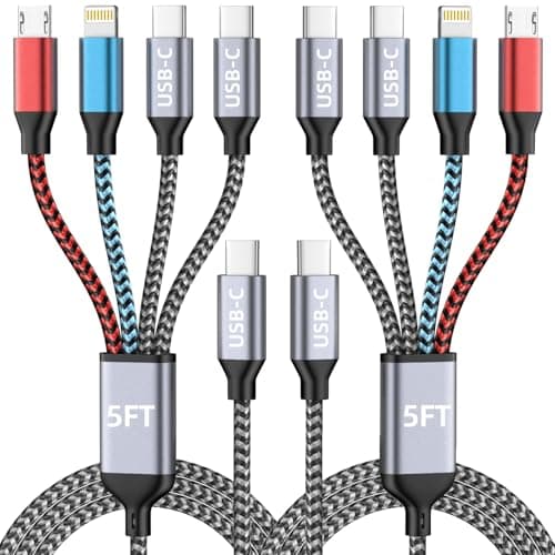 USB C 4 IN 1 Multi Charging Cable, Travel Essentials with Dual Type-C/Micro/IP Port, 2 Packs 5FT Nylon Multiple Charger Cord for iPhone 17 Pro Max/17 Air/16/15/14, Galaxy S25, iPad, Andorid and More - Image 1