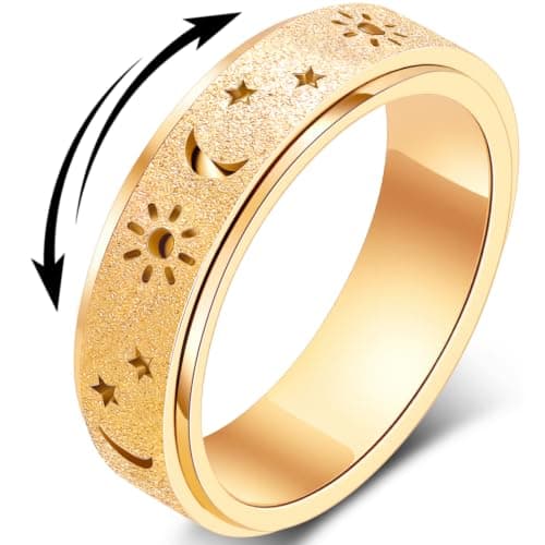 Fidget Toys Adults Anxiety Ring-Fidget Ring Women Men Stress Relief Spinner Fidget Toys Stainless Steel Band with Hollowed Sun Moon Star Sandblasted Surface 6mm Width,18K Gold/Silver Size 6-11 Unisex