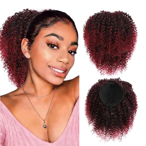 Servintha Kinky Curly Drawstring Ponytail Extension for Black Women Burgundy Mix Black Afro Puff Drawstring Ponytail Short Pony Tail Hair Extension Synthetic Fake Hair Pieces 1B/Bug Color - Image 1