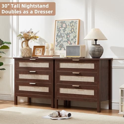LEYAOYAO 31.5" Wide Rattan Nightstand, Large Boho 3 Drawer Night Stand, Walnut Bedside Table with Storage, Tall Bed Side End Tables, Chest of Drawers Dressers for Bedroom, Living Room, Hallway - Thumbnail 3