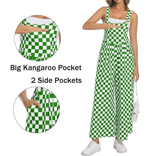 IWOLLENCE Women's Casual Loose Checkered Overalls Summer Wide Straight Leg Jumpers and Rompers Y2K Plaid Sleeveless Jumpsuits with Pockets Beach Vacation Outfits Green White, L - Thumbnail 3