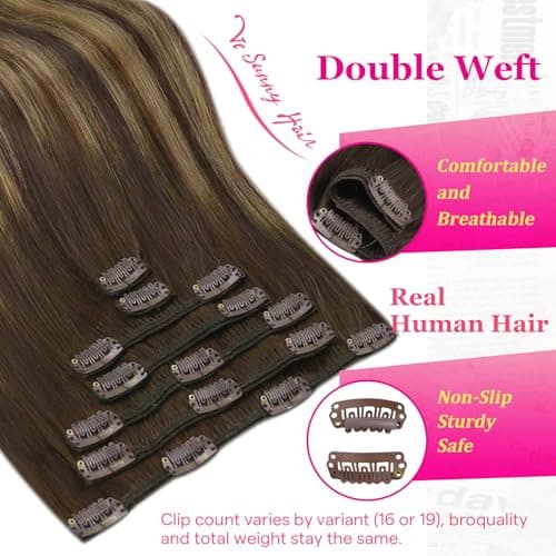 Ve Sunny Balayage Clip in Hair Extensions Real Human Hair, Medium Brown to Caramel Blonde, Ombre Remy Hair Extensions Clip ins for Women Thick Natural for Beginners 16 inch 120g 7pcs - Thumbnail 6