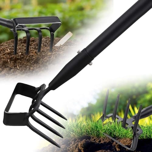 Garden Hoe, 2-in-1 Stirrup Action Hoe with 4-Tine Cultivator Rake, 74 Inch Long Handle Scuffle Weeder Hoe Weeding Tool for Fast Weeding, Soil Loosening, Aerating and Compost Mixing - Image 1