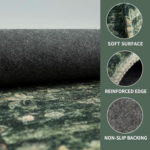 Dotiiorug Vintage Washable Area Rug for Living Room,Low Pile 5x7 Non Slip Carpet Non-Shedding Area Rug Soft Indoor Stain Resistant Rug Floral Print Mat for Bedroom Dining Room 117 Green - Thumbnail 4