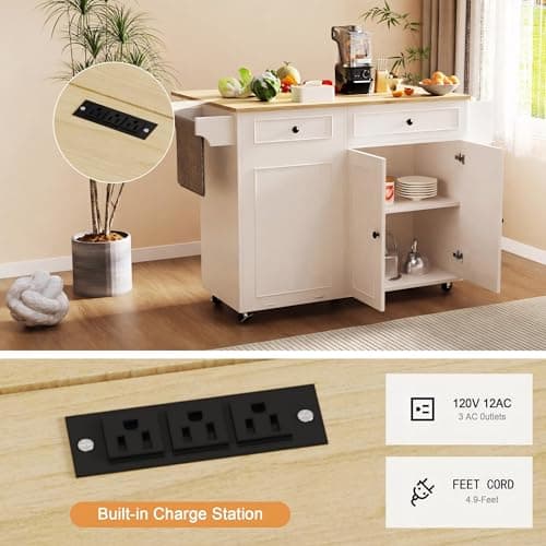 MEETFAV Kitchen Island with Trash Can Storage & Power Outlet, Rolling Kitchen Cart with Drop Leaf, Mobile Wood Island Table with Tilt-Out Trash Cabinet, Spice Rack & Storage Drawer for Small Space - Thumbnail 4