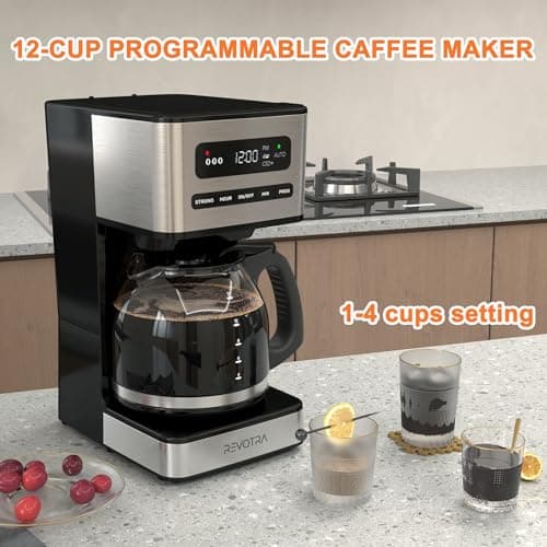 REVOTRA 12 Cup Programmable Coffee Maker, Hot and Iced Coffee Makers, Regular & Strong Brew Drip Coffee Machine, 1-4 Cup, 24H Timer, Auto Shut-Off, Keep Warm, Pause & Serve - Thumbnail 2