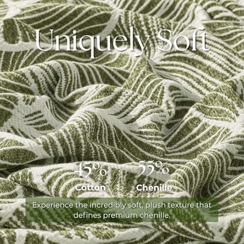 DOWN HOME Chenille Cotton Throw Blanket for Couch, Lightweight Boho Blanket for Bed Sofa Chair Living Room Outdoor Soft Woven Decorative Blanket with Tassel Gift Olive Leaves 55"x60" - Thumbnail 3