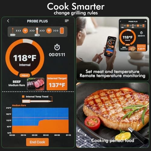 Smart Wireless Meat Thermometer 4 Probes, Bluetooth Food Thermometer, Remote Tracking and Real-Time Readings from Apps, for iOS and Android, for BBQ, Grill, Smoker - Thumbnail 2