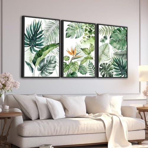 Large Framed Botanical Wall Art Canvas Prints Set of 3, Tropical Plants Pictures Foliage Bird of Paradise Art, Green Leaf Bohemian Painting Artwork for Living Room Bedroom Office Decor 16"x24"x3 - Image 1
