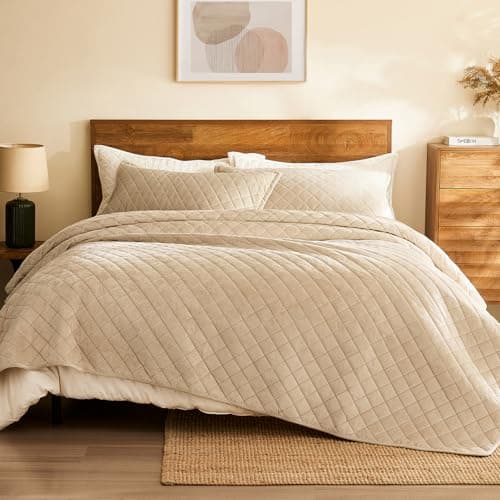 L'AGRATY Velvet Quilt Queen Size: 3-Piece Reversible Luxury Velvet Bedding Comforter Set - Lightweight Oversized Quilted Bedspread Coverlet with 2 Pillow Sham for All Season - Light Taupe Quilt - Image 1