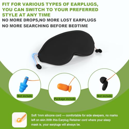 3D Contoured Sleep Mask with Earplug Retainer Cord,100% Pressure-Free & Total Light Blocking Eye Mask with Adjustable Strap. Ideal for Sleep Earplug User, Airplane Travel, Meditation Black - Thumbnail 2