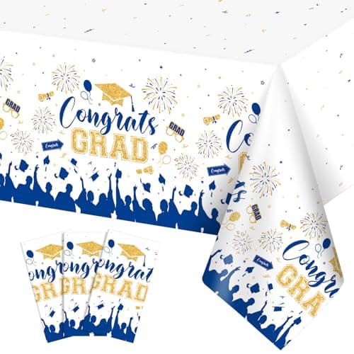 NatNarr 3 Pack Plastic Graduation Tablecloth, Graduation Decorations 2026 Disposable Rectangle Blue White Table Cover, 2026 Gongrats Grad Table Cloths for Graduation Party Decorations, 54x108Inch - Image 1