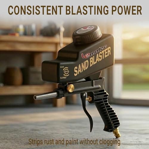 LE LEMATEC Portable Sand Blaster Gun Kit | Gravity Feed Air Tool for Rust Removal, Glass Etching & Paint Stripping | Requires 4 CFM @ 90 PSI Air Compressor - Sandblasting Steel Nozzle - Thumbnail 2