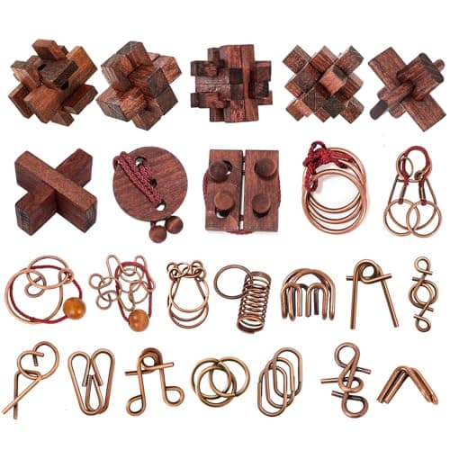 24 Pcs Brain Teaser Puzzles for Adults - Metal & Wooden 3D IQ Test Logic Game, Unlock Interlocking Brain Puzzle Toys for Teens Kids, Smart Educational Desk Toy for Mind Challenges