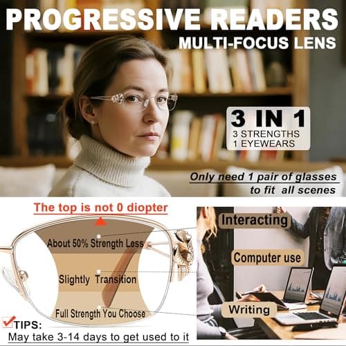 touk Photochromic Progressive Multifocal Reading Glasses for Women, Stylish Half Rim Metal Frame Anti Blue Light Sun Readers 1 Pack Red +1.5 - Thumbnail 2
