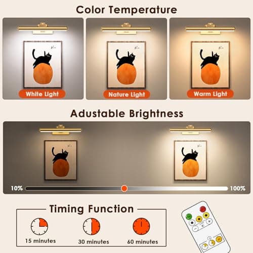 Picture Light for Wall with Remote, Wireless Battery Operated Wall Lights with 3 Colors Dimmable & Timer, 12.6" Rechargeable Metal Wall Sconce for Living Room, Artwork Gallery Display, Gold 1Pack - Thumbnail 6