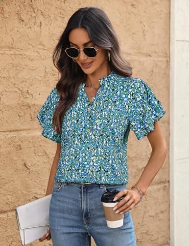 LOOKBOHO Short Sleeve Womens Casual Blouses Summer V-Neck Floral Shirts Fashion Ruffle Sleeve Chiffon Office Tops Blue XXL - Thumbnail 6