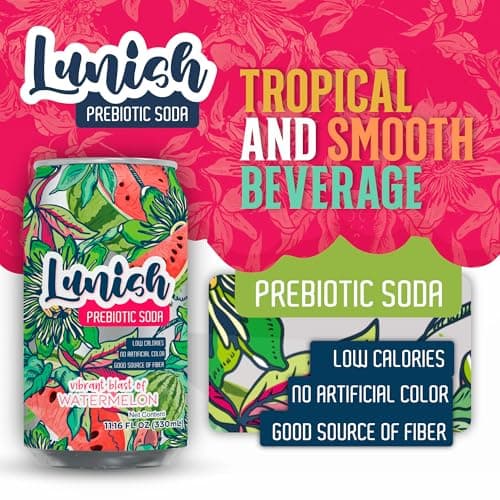 Lunish Prebiotic Soda, Watermelon Sabor Sandía, Gut-Friendly & Refreshing, with Apple Cider Vinegar & 4g Prebiotic Fiber, 20 Cal, 12-Pack - Thumbnail 3