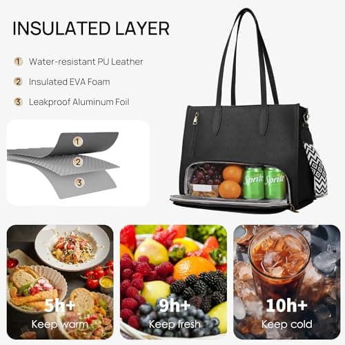 buyborgood Women’s Large leather Work Tote Bag with 14" Laptop Compartment Insulated Lunch Box, Black - Thumbnail 4