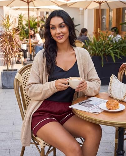 Ekouaer Satin Silk Shorts for Women 2026 Casual Summer Elastic Waist Lounge Pajama Pj Bottoms with Pockets, Wine Red M - Thumbnail 5
