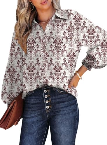 Dokotoo Womens Long Sleeve Tops for Women Work Business Button Down Ladies Blouses and Tops Loose Fit Dressy Allover Floral Print V Neck Office Boho Tunic Top 2026 Trendy Fall Outfits Red L - Image 1