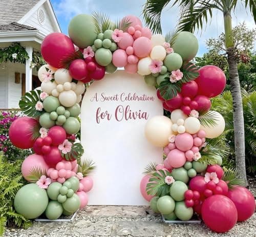 Hot Pink and Sage Green Balloon Garland Arch Kit, Double Stuffed Dusty Green Magenta & Ivory Balloon Decorations for Baby Shower, Garden Bridal Wedding, Tropical Birthday, Boho Tea Party