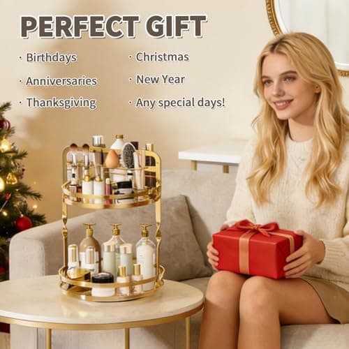 360° Rotating Makeup Organizer, 2-Tier Gold Perfume Organizer for Dresser, Bathroom Organizers Countertop, Perfume Shelf with Makeup Brush Holder, Skincare Holder Cosmetic Display(Gold) - Thumbnail 6