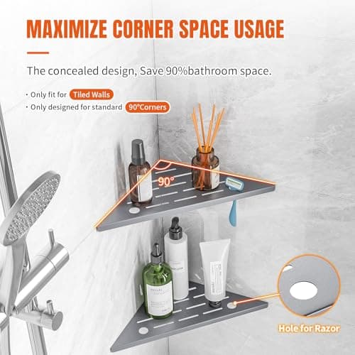 HBXS Corner Shower Shelves with Rozar Hole,Rustproof Stainless Steel Shower Caddy Organizer Modern Sturdy Corner Shelf for Shower,10" Large Capacity No-Drill Rack Storage Bathroom Accessories,Sliver - Thumbnail 3
