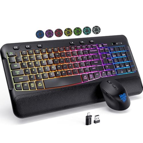 COLIKES Wireless Keyboard and Mouse Combo, Ergonomic Wave, 9 RGB Backlit Effects, Leather Wrist Rest, Rechargeable 2.4G Silent Set for Computer/Windows/Mac, Black