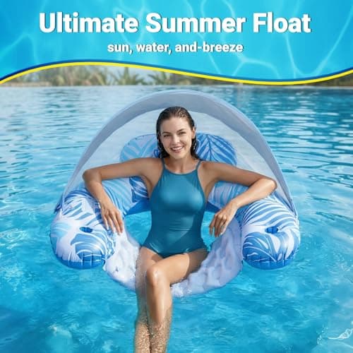 Pool Float for Adults with Canopy, XL Inflatable Chair Lounge Floaties with Adjustable Sun Shade Cover, Drink Holder, Ergonomic Headrest - Thumbnail 3