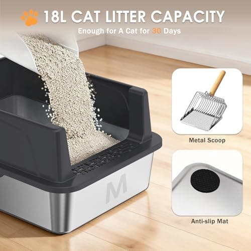 Stainless Steel Litter Box with Lid: Metal Cat Litter Box for Small Cats with Scoop, High Sided Kitty Litter Pan Tray, 17.4'' x 13.5'' x 8.5'', Non-Stick, Anti-Leakage, Easy Cleaning (Black) - Thumbnail 2