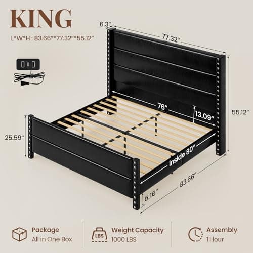 Uteeran King Size Bed Frame with Storage Shelf & Charging Station, 55" Tall Headboard & 25.6" Footboard, Faux Leather Upholstered Platform Bed with Big Rivets Wingback, Heavy Duty & Noise-Free, Black - Thumbnail 2